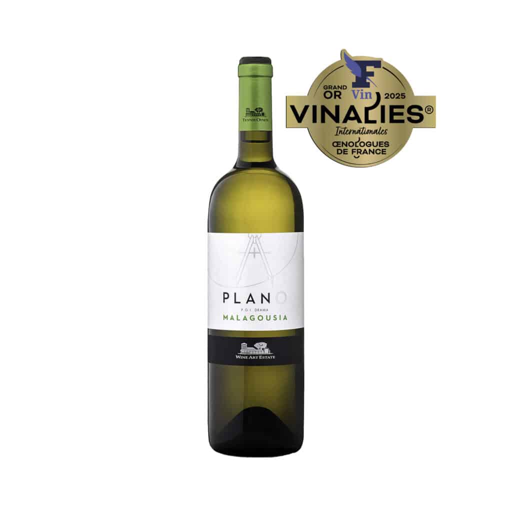 Bottle of Plano Malagousia by Wine Art Estate, a gold medal-winning Greek white wine