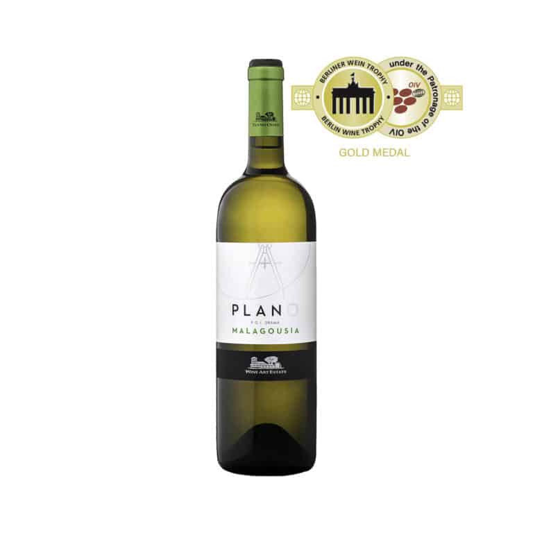 Bottle of Plano Malagousia by Wine Art Estate, a gold medal-winning Greek white wine