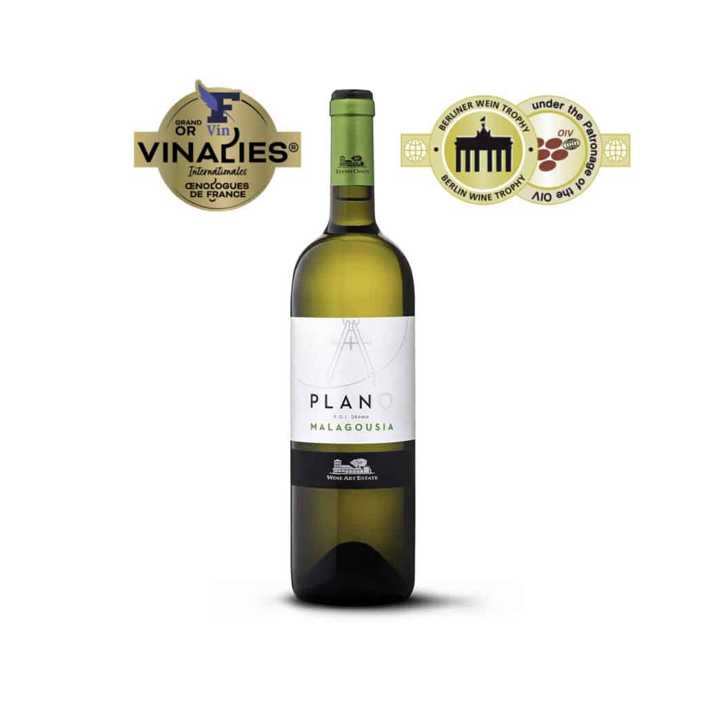 Bottle of Plano Malagousia by Wine Art Estate, a gold medal-winning Greek white wine