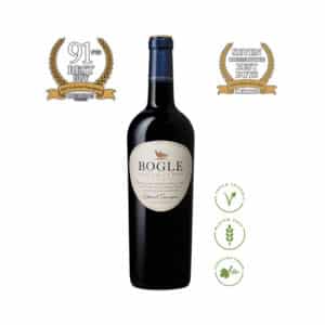 Bogle Cabernet Sauvignon wine bottle with label visible, placed against a dark rustic background.