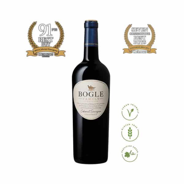 Bogle Cabernet Sauvignon wine bottle with label visible, placed against a dark rustic background.