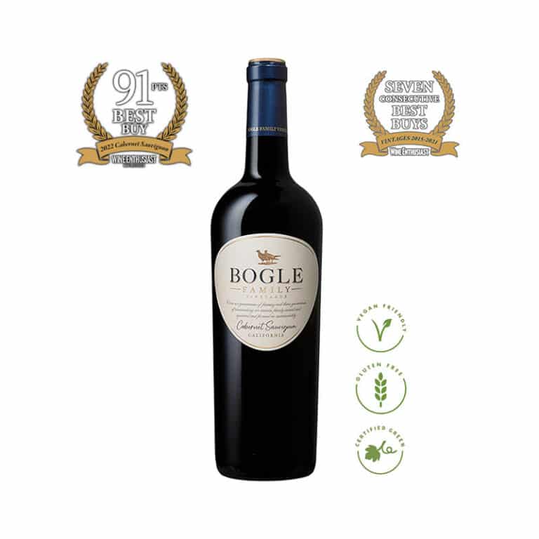 Bogle Cabernet Sauvignon wine bottle with label visible, placed against a dark rustic background.