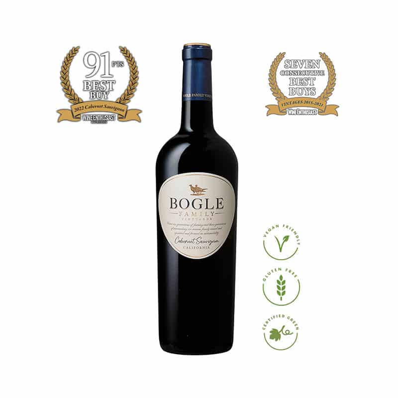 Bogle Cabernet Sauvignon wine bottle with label visible, placed against a dark rustic background.