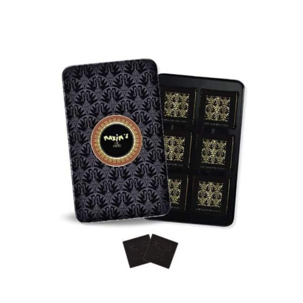 METAL BOX WITH 12 DARK CHOCOLATE SQUARES 58GR - maxims de paris - dark gourmet chocolate - cyrpus