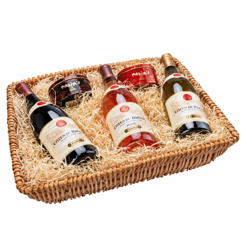 Guigal Côtes du Rhône wine gift basket with red rosé white wines and Maxim’s chocolates