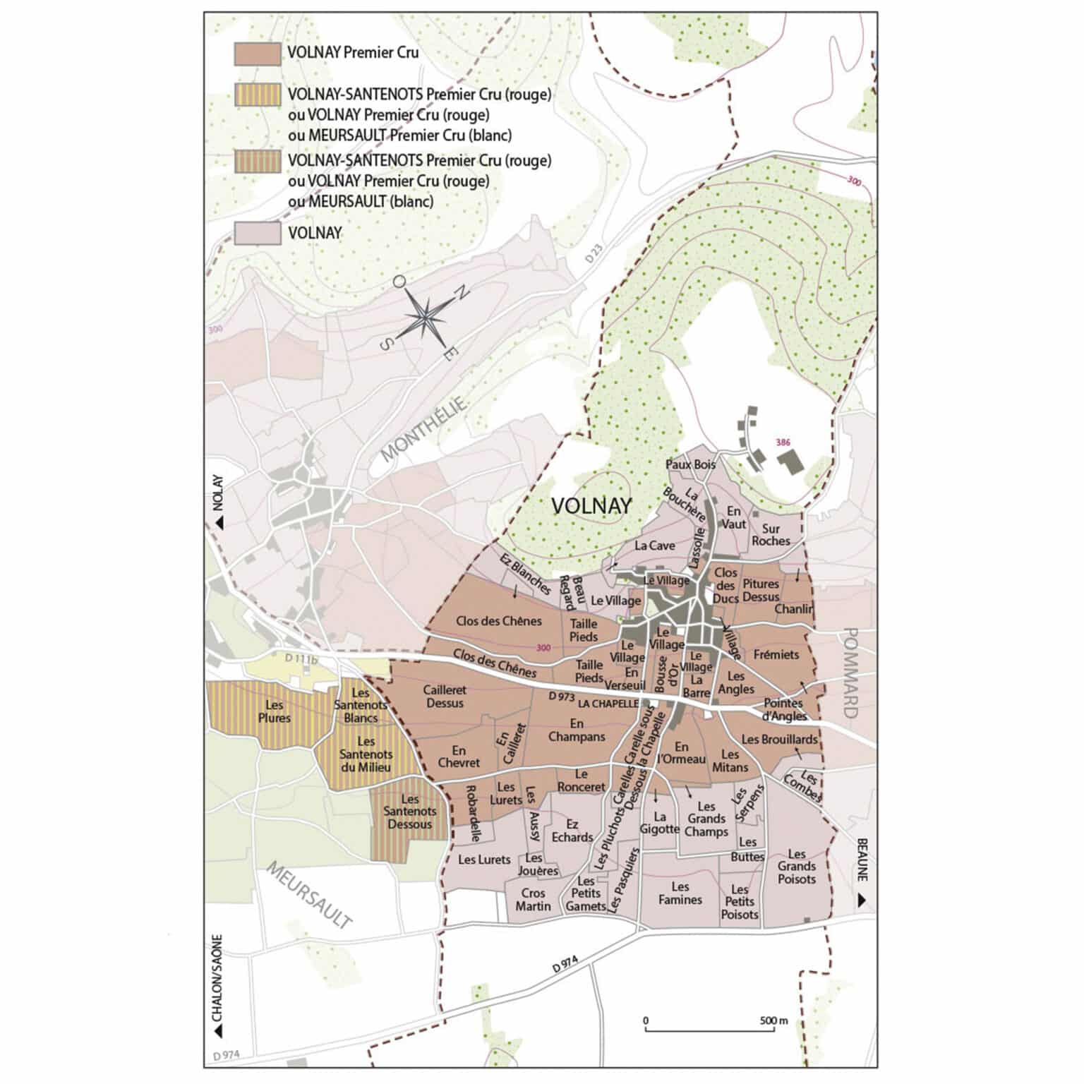 Volnay lies roughly in the centre of the Côte de Beaune, bordered by Pommard to the Northeast, Monthélie to the West and Meursault to the South. The south-easterly exposed vineyards produce only red wines and 26 Premiers Crus.