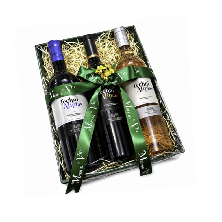 Luxury Techni Alipias wine gift tray with three premium Greek wines by La Maison du Vin Cyprus