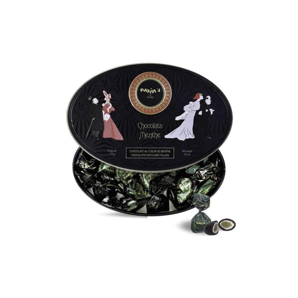 A black tin with a Maxim's design for exquisite mint chocolate candies.