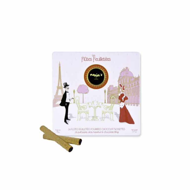 MAX 2202 - METAL BOX WITH 16 CHOCOLATE AND HAZELNUTS PUFF PASTRIES 90GR, la maison du vin, maxims de paris cyprus