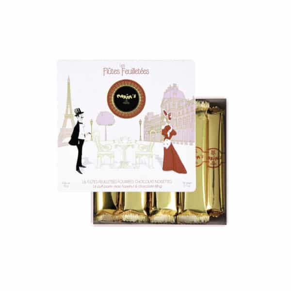 MAX 2202 - METAL BOX WITH 16 CHOCOLATE AND HAZELNUTS PUFF PASTRIES 90GR, la maison du vin, maxims de paris cyprus - limassol