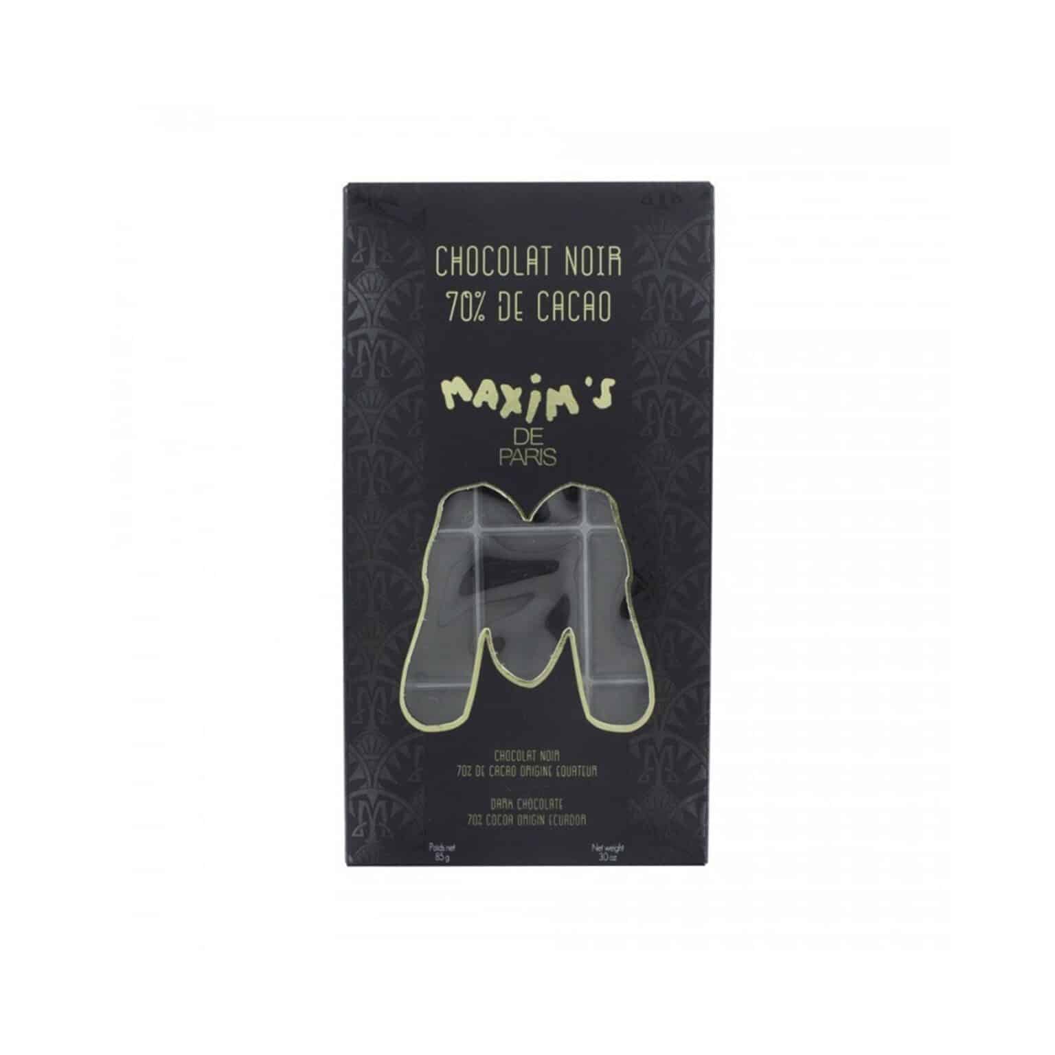 A pre-cut milk chocolate bar, presented in a Maxim's window box. dark chocolate, maxims de paris, la maison du vin, maxims de paris