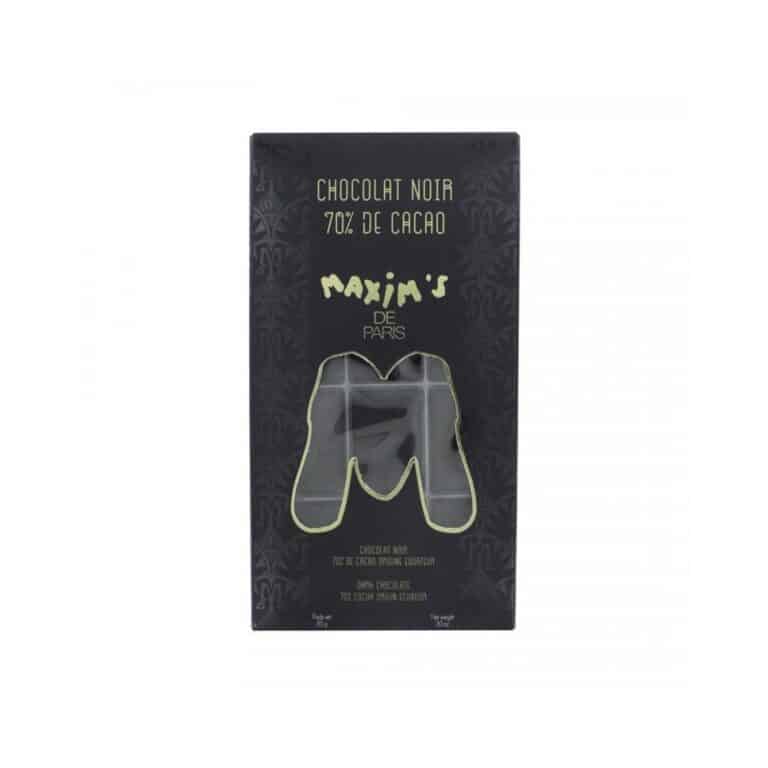 A pre-cut milk chocolate bar, presented in a Maxim's window box. dark chocolate, maxims de paris, la maison du vin, maxims de paris