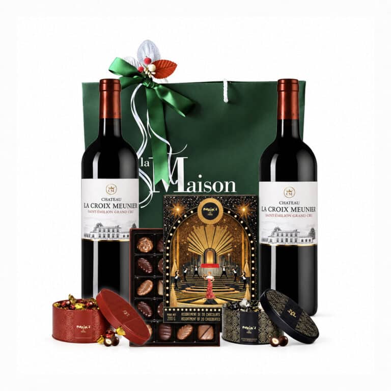 Luxury Green Gift Bag - Bordeaux wine Chateau la croix meunier -maxims de Paris Chocoaltes - corporate gifts - la maison du vin