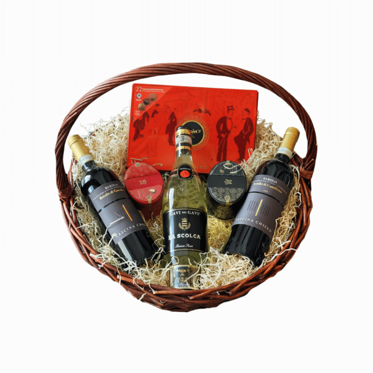 luxury wine gift basket with premium wine and gourmet chocolates
