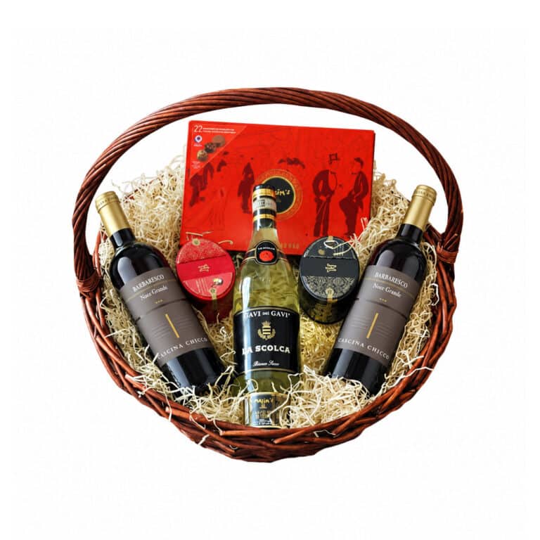 Italian wine gift basket with Barbaresco, La Scolca Gavi and Maxim’s chocolates