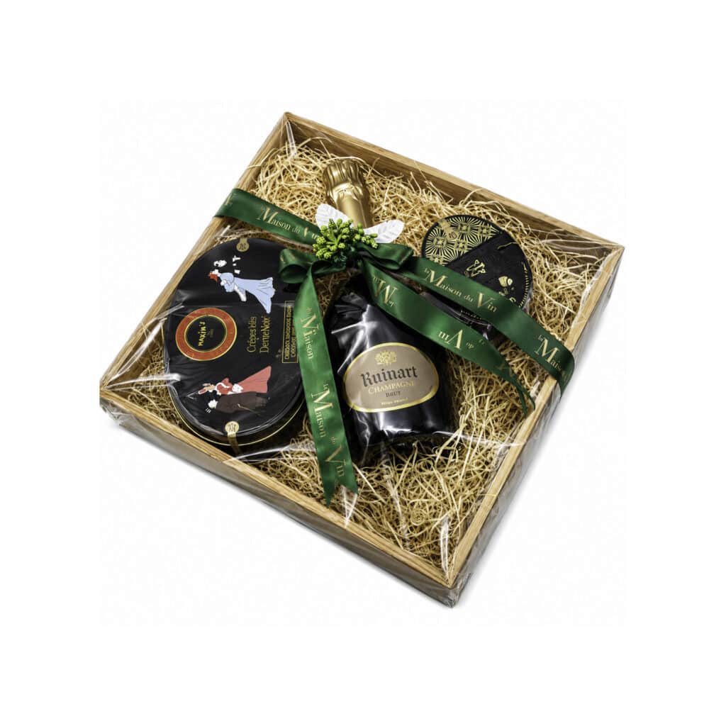 Luxury wooden square gift tray with Ruinart Brut Champagne and Maxim’s de Paris chocolates by La Maison du Vin Cyprus