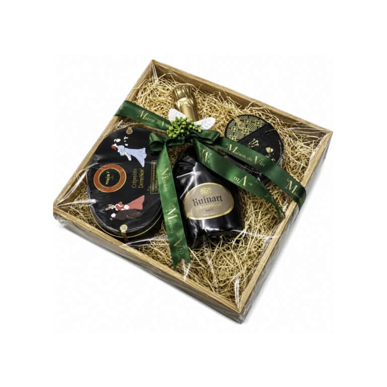 Luxury wooden square gift tray with Ruinart Brut Champagne and Maxim’s de Paris chocolates by La Maison du Vin Cyprus