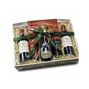 Luxury wooden wine and Champagne gift tray with Ruinart Brut, Bordeaux wine, and Maxim’s de Paris chocolates by La Maison du Vin Cyprus