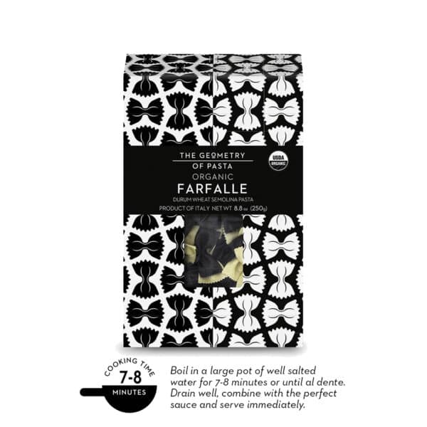ORGANIC BLACK & WHITE FARFALLE DURUM WHEAT SEMOLINA PASTA WITH BLACK SQUID INK.