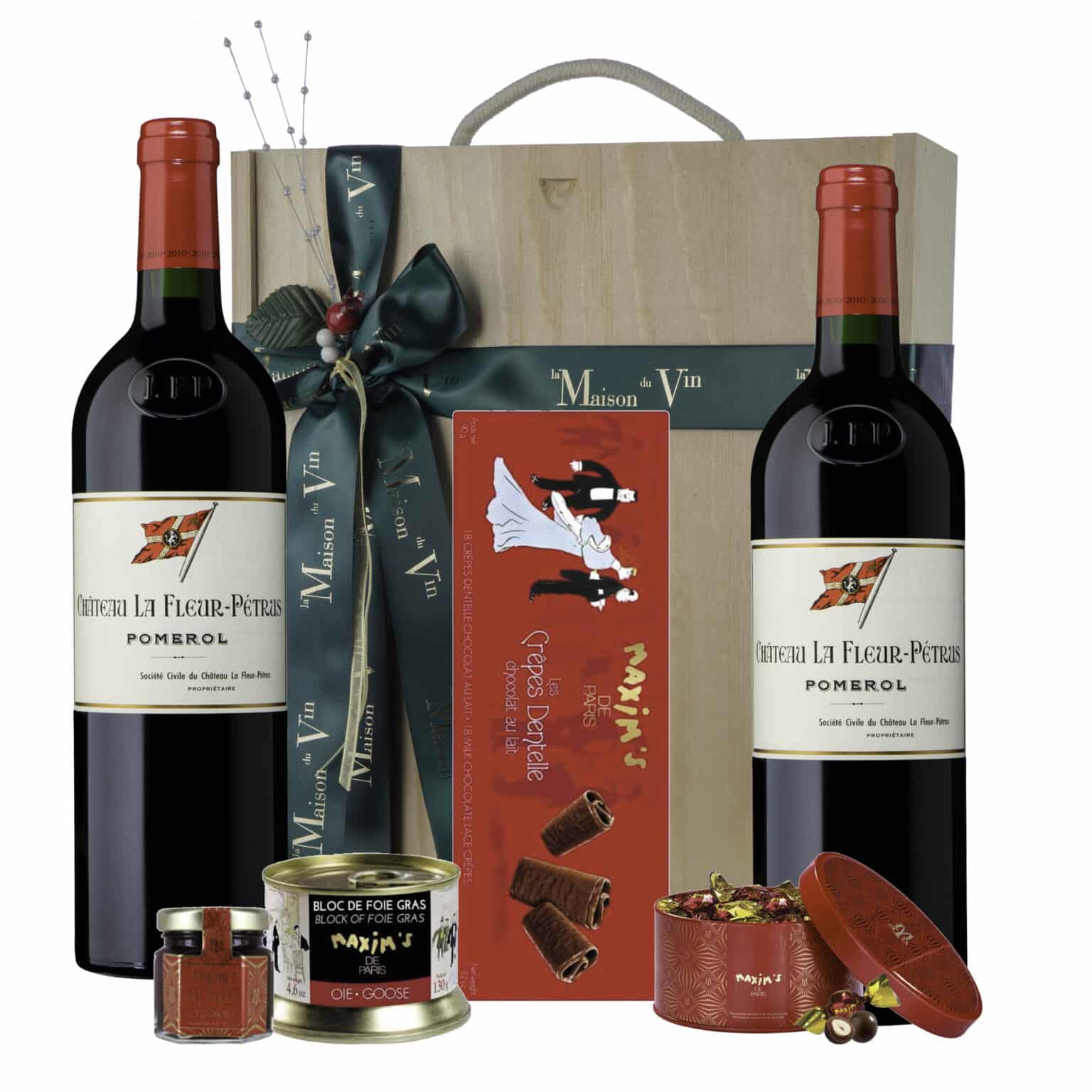 GIFT WOODEN BOX CH. FLEUR PETRUS & GOURMET ITEMS - la maison du vin - wine gift