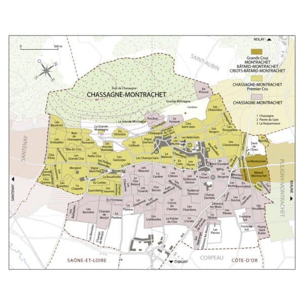 Situated in the south of the Côte de Beaune, Chassagne Montrachet is one of the 5 villages of the prestigious «Côte de Blancs». Facing east and south-east, white Premier Cru soils are mainly made of brown clay and limestone. Chassagne Montrachet produces 70 hectares of premiers crus.