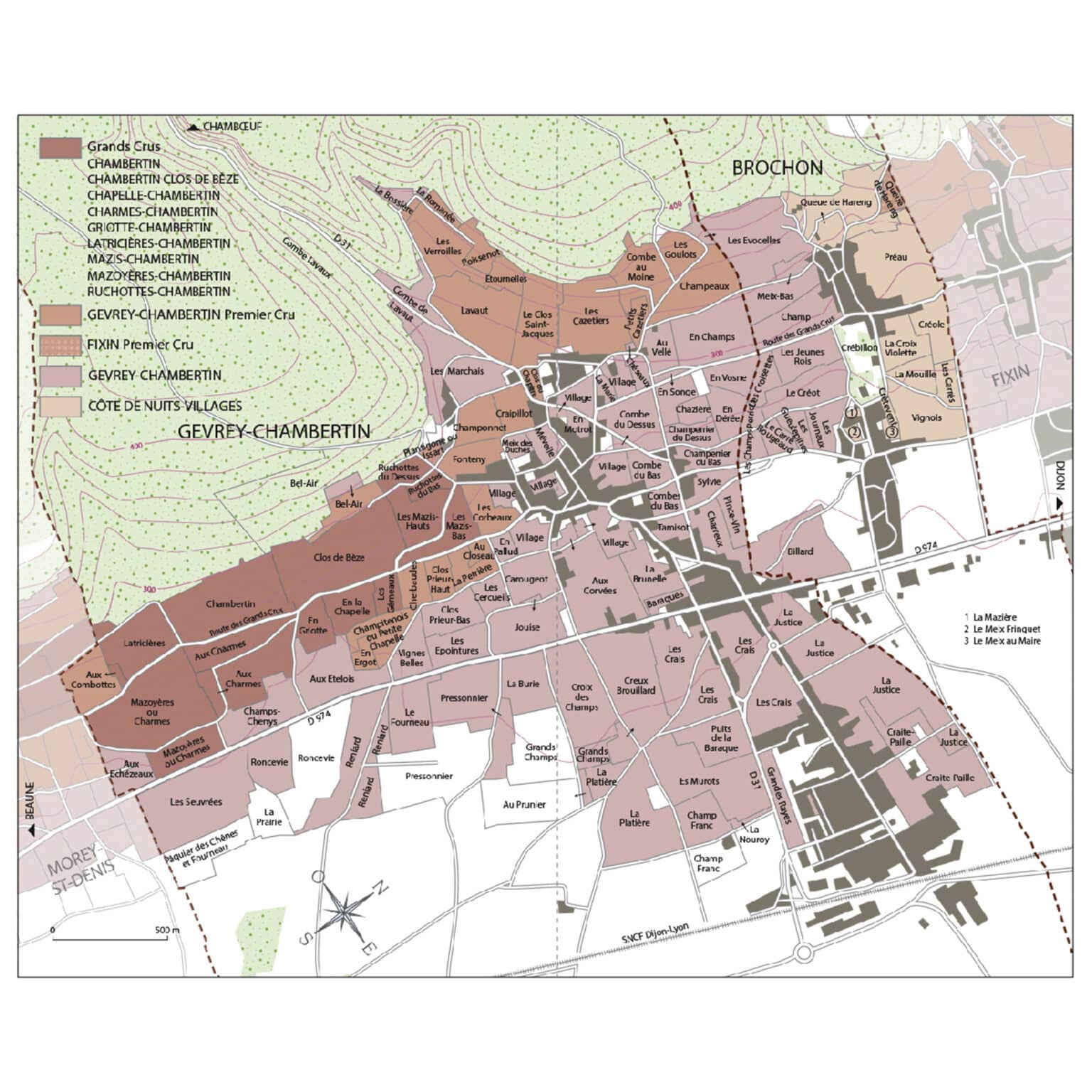 Gevrey Chambertin is the most northern of the great communes of the Côte de Nuits. There are 26 Premiers Crus and 8 Grands Crus. Half of the Premiers Crus surrounds the Grands Crus (near Morey) ; the other half faces the north (near La Combe de Lavaux), with calcareous and clayey soils.