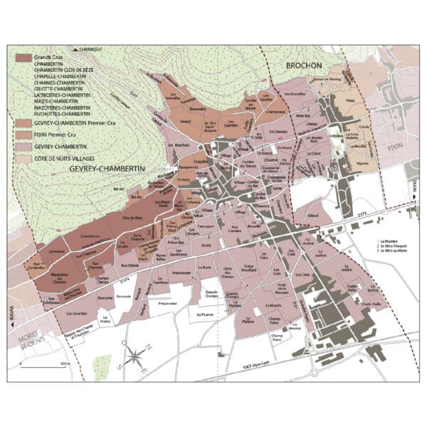 Gevrey Chambertin is the most northern of the great communes of the Côte de Nuits. There are 26 Premiers Crus and 8 Grands Crus. Half of the Premiers Crus surrounds the Grands Crus (near Morey) ; the other half faces the north (near La Combe de Lavaux), with calcareous and clayey soils.