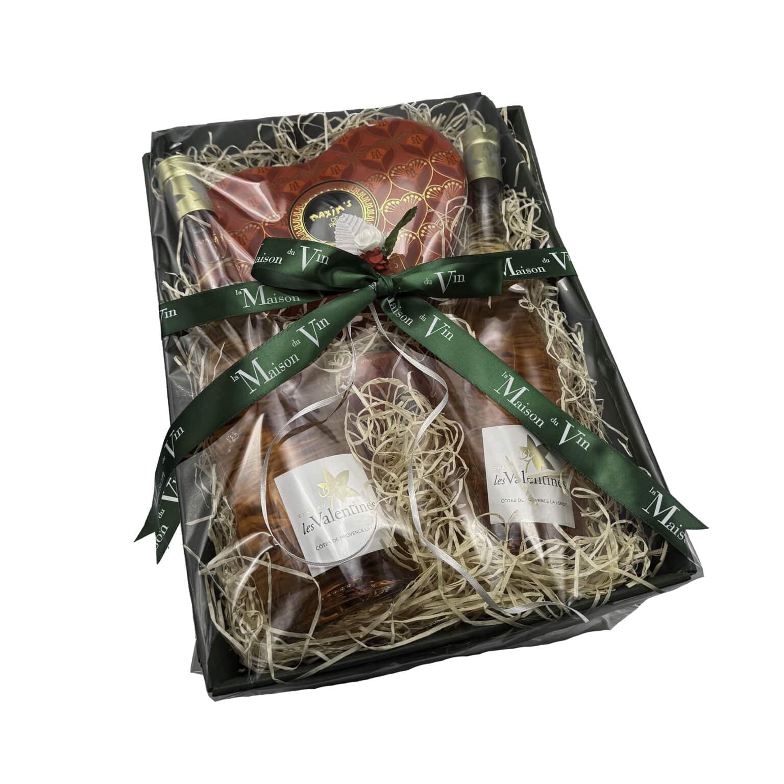 GIFT TRAY WITH 2 CH. LES VALENTINES ROSE CHOCOLATES, MAXIMS DE PARIS, EASTER BASKETS, VLAENTINES DAY GIFT