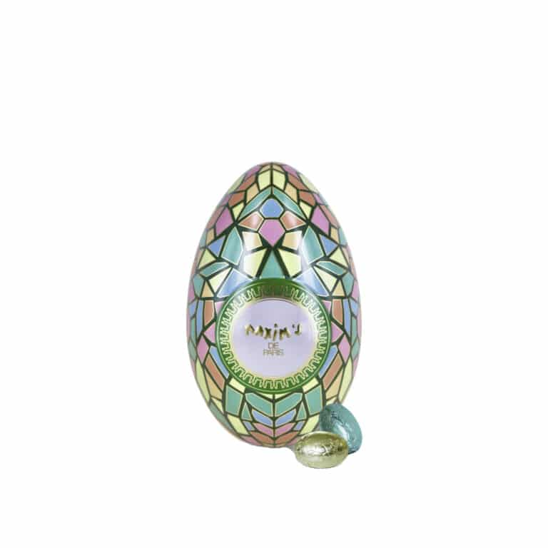 Maxim’s green mosaic metal egg with 12 chocolate eggs hazelnut cream and praline Easter gift