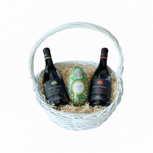 GIFT BASKET WITH IDISMA DRIOS MERLOT AND CHARDONNAY & CHOCLOLATES, easter gift, easter hapmper, maxims de paris easter egg, la maison du vin, corporate gifts