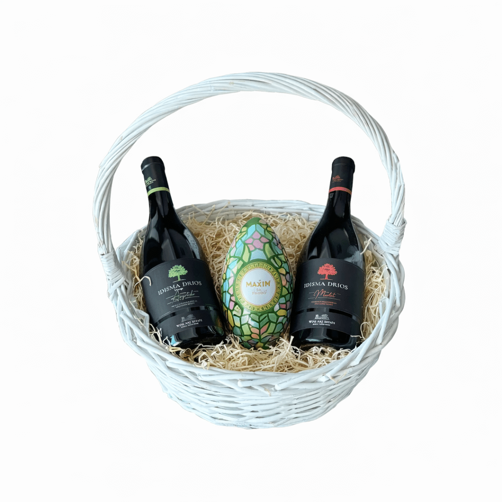 GIFT BASKET WITH IDISMA DRIOS MERLOT AND CHARDONNAY & CHOCLOLATES, easter gift, easter hapmper, maxims de paris easter egg, la maison du vin, corporate gifts