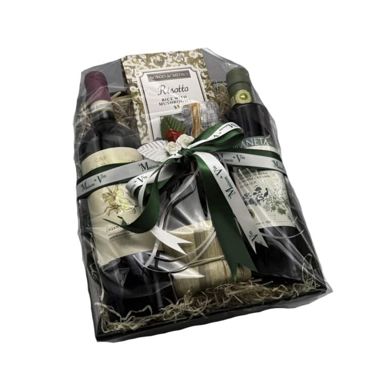 GIFT TRAY WITH 1 CHIANTI CLASSICO GABBIANO & GOURMET ITEMS- italian basket , italian gourmet basket, gourmet hamper. la maison du vin