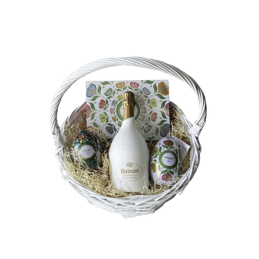 EASTER GIFT BASKET WITH RUINART BDB SECOND SKIN & CHOCOLATES, easter hamper, corporate easter gifts, la maison du vin, Πασχαλινό δώρο