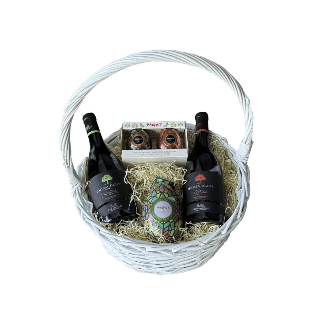 GIFT BASKET WITH IDISMA DRIOS MERLOT AND CHARDONNAY & CHOCLOLATES, easter gift, easter hapmper, maxims de paris easter egg, la maison du vin, corporate gifts
