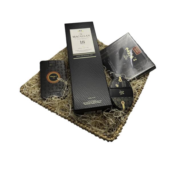 GIFT BASKET BAMBOO - MACALLAN 18Y SHERRY OAK CASK & MAXIMS CHOCOLATES, whisky gift, buy macallan online, corporate gifts, la maison
