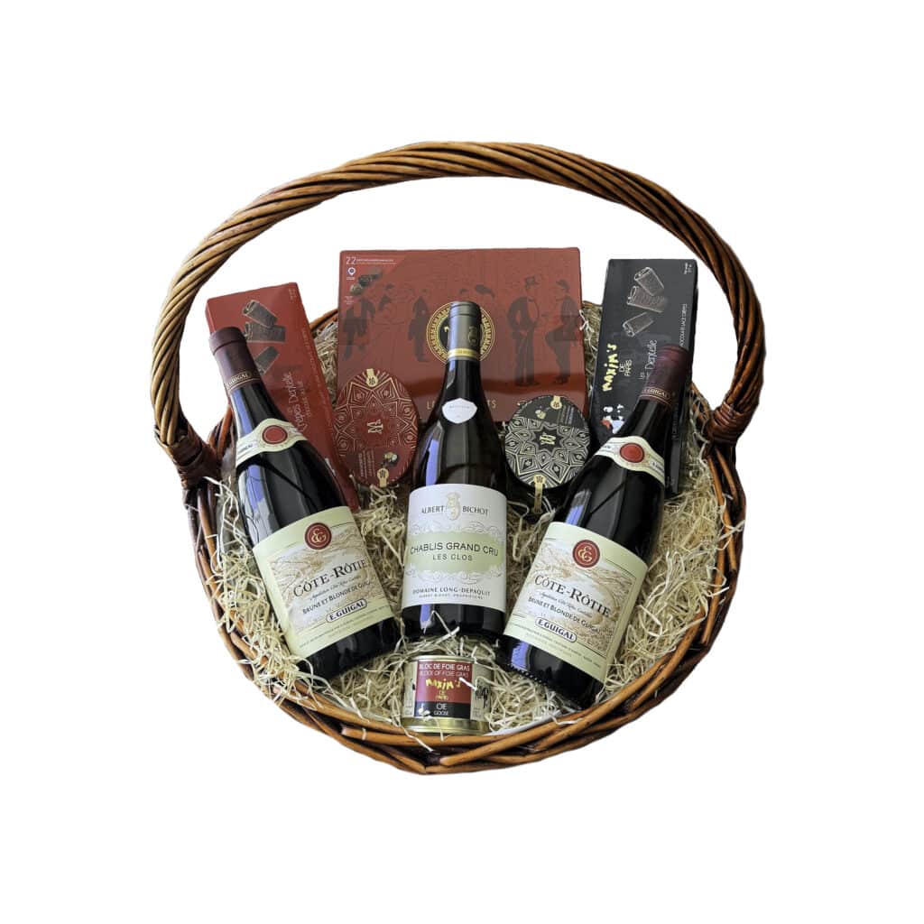 GIFT BASKET WITH 2 COTE-ROTIE, 1 CHABLIS AND CHOCOLATES - gift hamper - la maison du vin - corporate gits