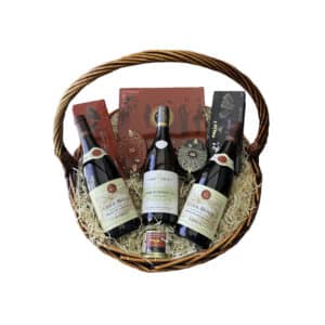 GIFT BASKET WITH 2 COTE-ROTIE, 1 CHABLIS AND CHOCOLATES - gift hamper - la maison du vin - corporate gits