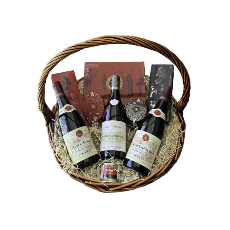 GIFT BASKET WITH 2 COTE-ROTIE, 1 CHABLIS AND CHOCOLATES - gift hamper - la maison du vin - corporate gits