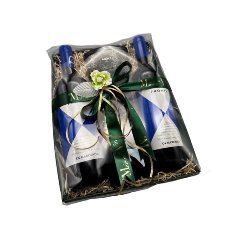 Gift Tray with 2 Bottles of Promis Ca' Marcanda & Maxim's de Paris Chocolates - gaja A luxurious gift tray featuring two exquisite bottles of Promis Ca' Marcanda by Gaja, perfectly paired with decadent Maxim’s de Paris chocolates. An elegant choice for special occasions, celebrations, or as a refined corporate gift.