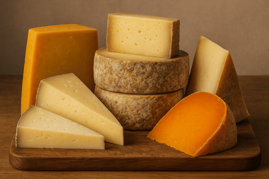 A selection of aged hard cheeses including Cheddar, Comté, Gruyère, Manchego, and Mimolette on a wooden board, ideal for wine pairing.