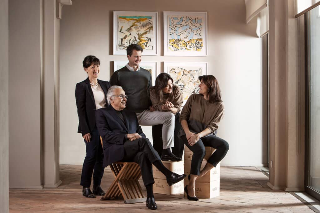 Angelo Gaja with his children Gaia, Rossana, and Giovanni Gaja at their vineyard