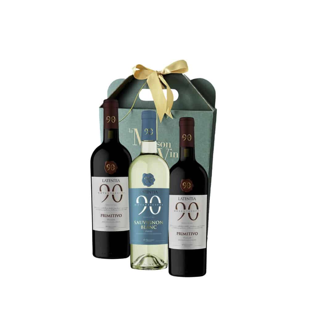 GIFT BOX WITH 2 PRIMITIVO 1 SAUVIGNON BLANC LATENTIA - corporate gift - birthday gift - christmas gift - name day gift - cyrpus limassol - la maison du vin - wine gifts idea