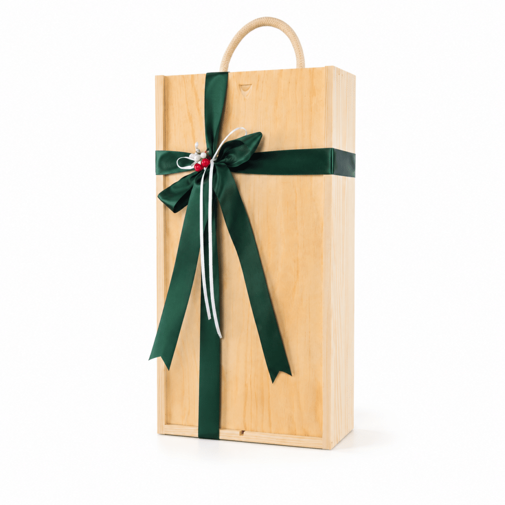Wooden gift box for two standard 750ml wine bottles with green ribbon and carrying handle