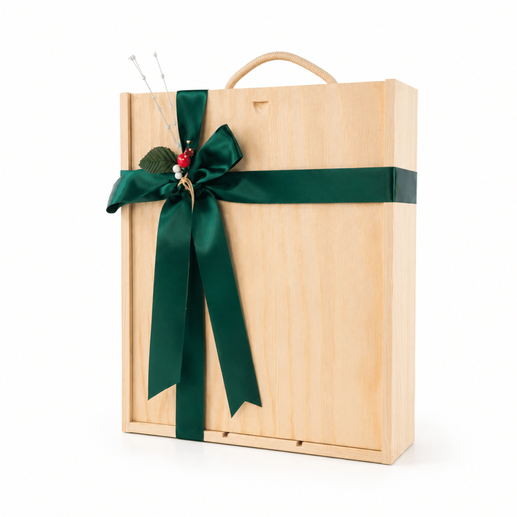 Wooden gift box for three standard 750ml wine bottles with green ribbon and carrying handle