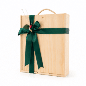 Wooden gift box for three standard 750ml wine bottles with green ribbon and carrying handle