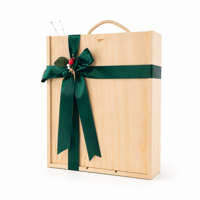 Wooden gift box for three standard 750ml wine bottles with green ribbon and carrying handle