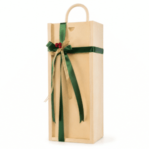 Wooden gift box for one standard-shaped 1.5L Magnum wine bottle with green ribbon