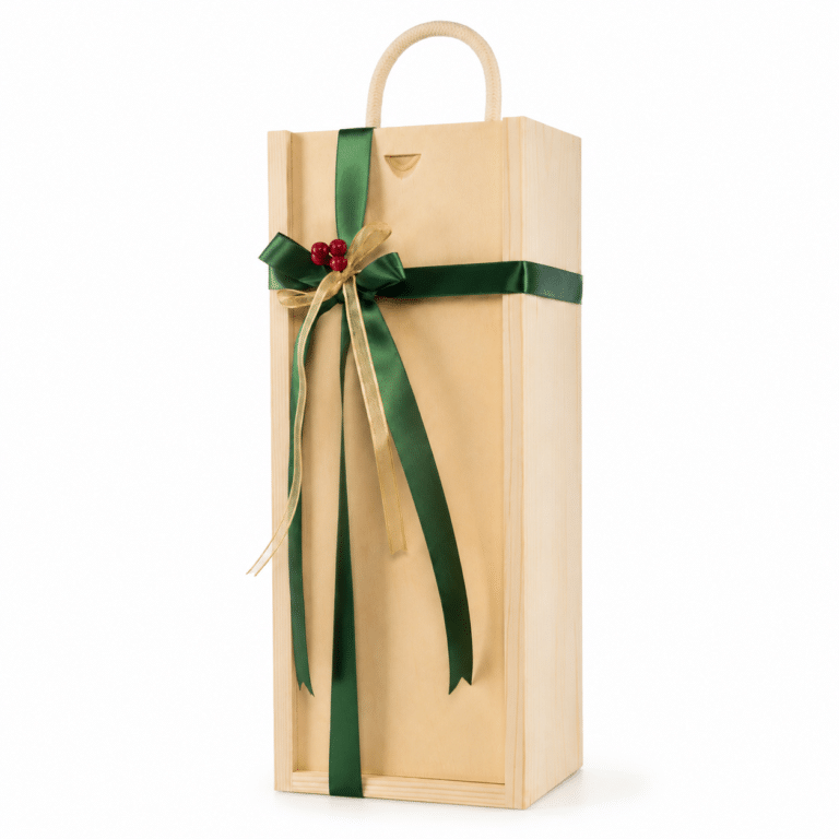 Wooden gift box for one standard-shaped 1.5L Magnum wine bottle with green ribbon