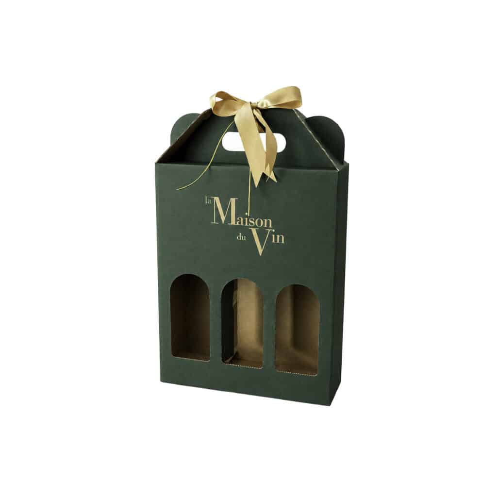 Green carton gift box for three standard 750ml wine bottles with gold La Maison du Vin ribbon