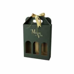 Green carton gift box for three standard 750ml wine bottles with gold La Maison du Vin ribbon